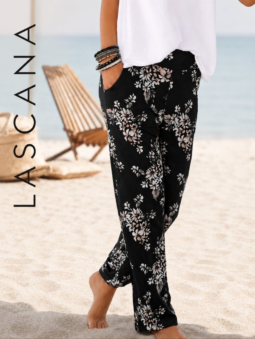 Lascana Black Floral Pull-On Joggers Casual Boho Lightweight Pant